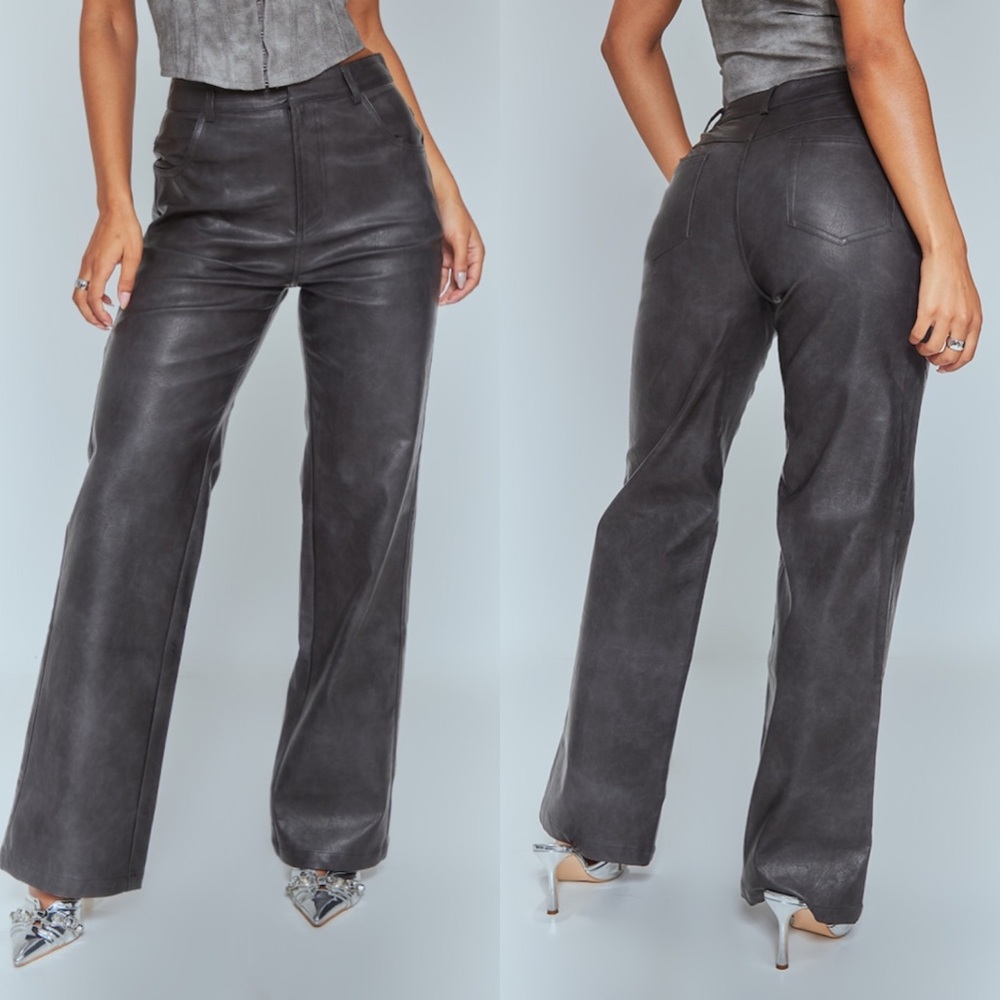 Pretty Little Thing Washed Black Faux Leather Straight Leg Trousers US 10 New - Picture 2 of 11